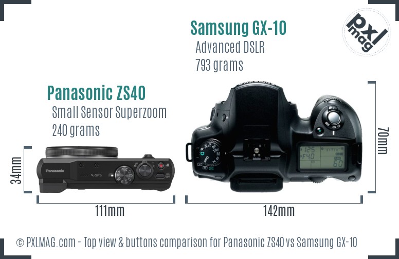 Panasonic ZS40 vs Samsung GX-10 top view buttons comparison