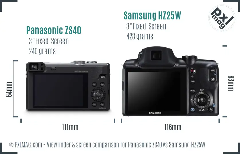Panasonic ZS40 vs Samsung HZ25W Screen and Viewfinder comparison