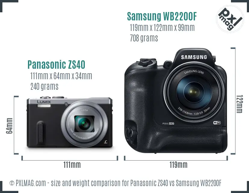 Panasonic ZS40 vs Samsung WB2200F size comparison