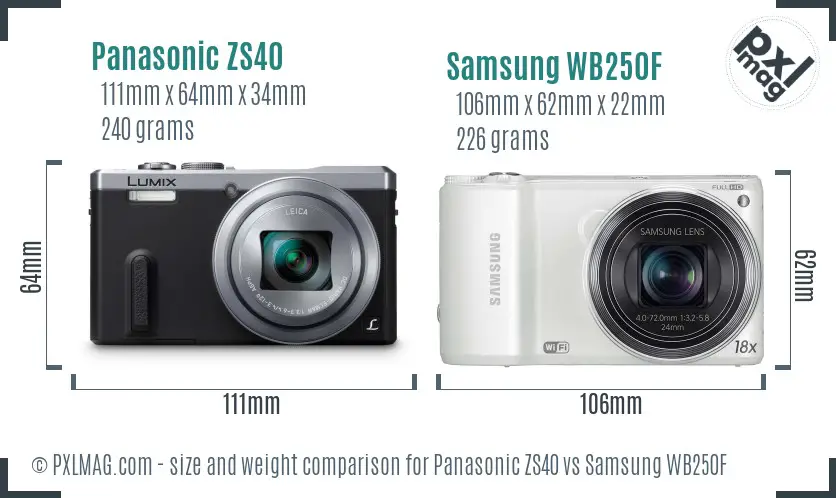 Panasonic ZS40 vs Samsung WB250F size comparison