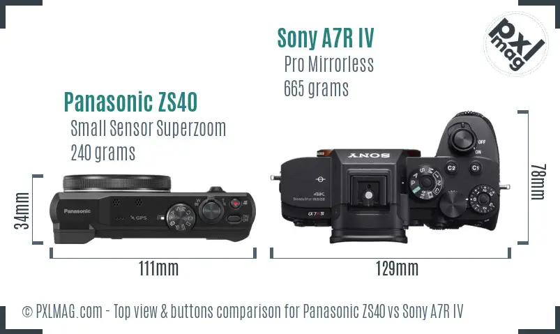 Panasonic ZS40 vs Sony A7R IV top view buttons comparison Panasonic ZS40 vs Sony A7R IV top view buttons comparison