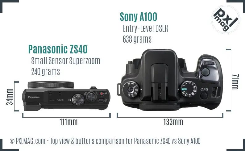 Panasonic ZS40 vs Sony A100 top view buttons comparison