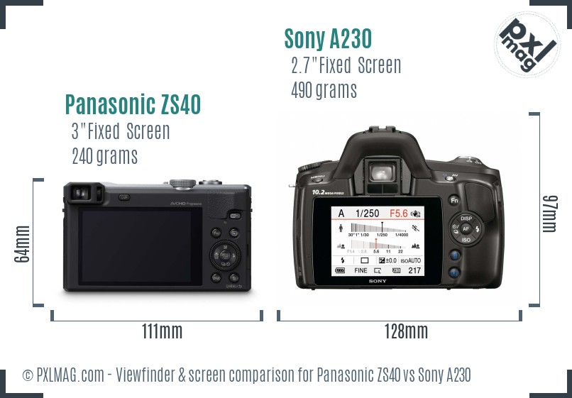 Panasonic ZS40 vs Sony A230 Screen and Viewfinder comparison