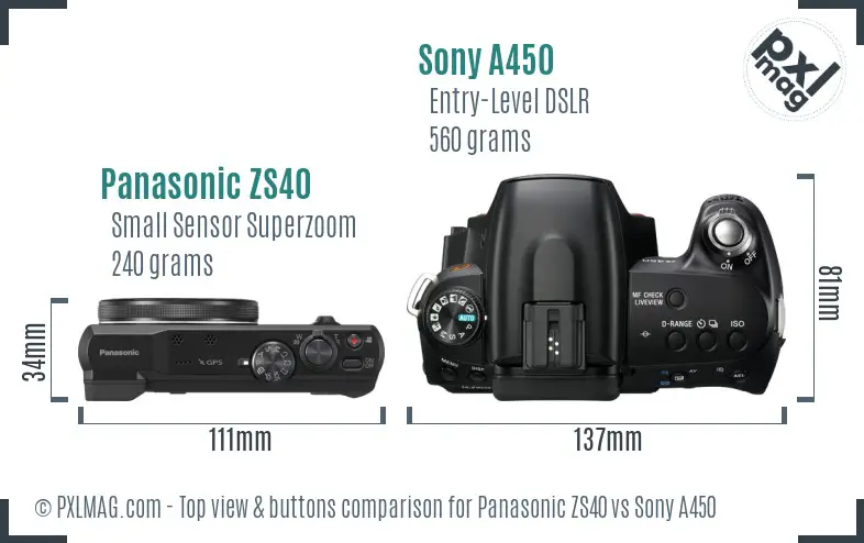 Panasonic ZS40 vs Sony A450 top view buttons comparison