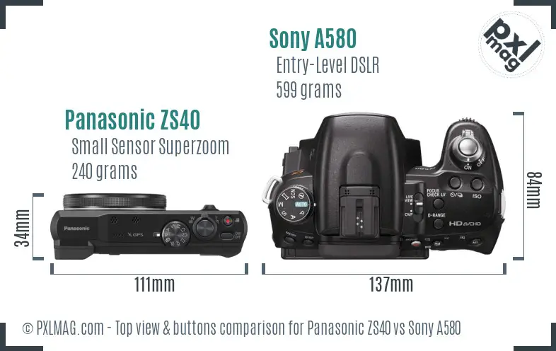 Panasonic ZS40 vs Sony A580 top view buttons comparison Panasonic ZS40 vs Sony A580 top view buttons comparison