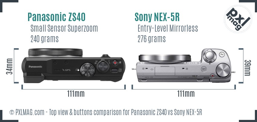 Panasonic ZS40 vs Sony NEX-5R top view buttons comparison