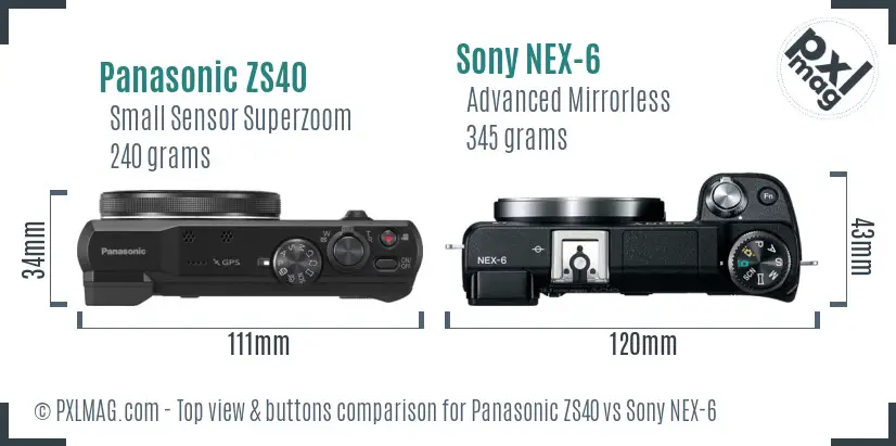 Panasonic ZS40 vs Sony NEX-6 top view buttons comparison
