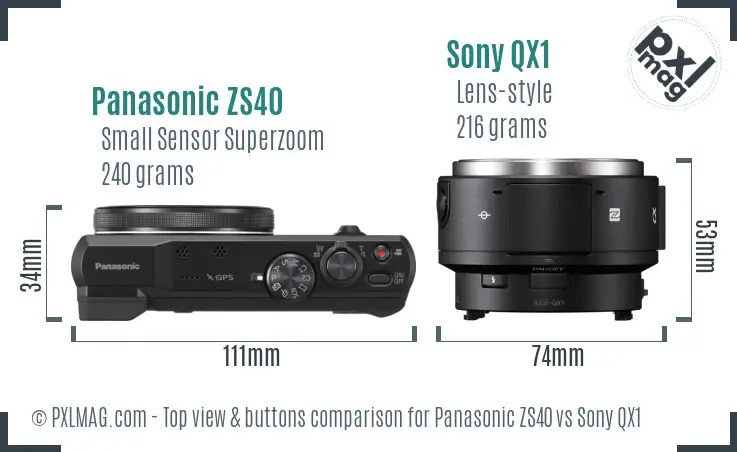 Panasonic ZS40 vs Sony QX1 top view buttons comparison Panasonic ZS40 vs Sony QX1 top view buttons comparison