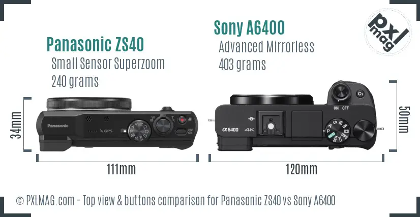 Panasonic ZS40 vs Sony A6400 top view buttons comparison Panasonic ZS40 vs Sony A6400 top view buttons comparison