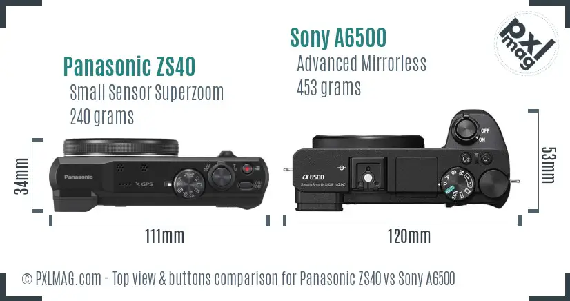 Panasonic ZS40 vs Sony A6500 top view buttons comparison Panasonic ZS40 vs Sony A6500 top view buttons comparison