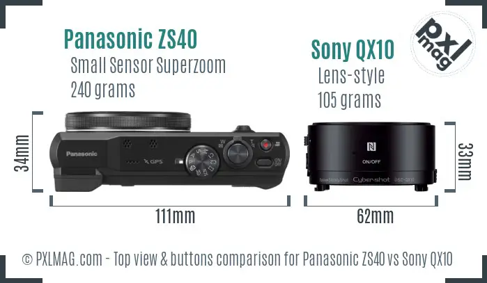 Panasonic ZS40 vs Sony QX10 top view buttons comparison