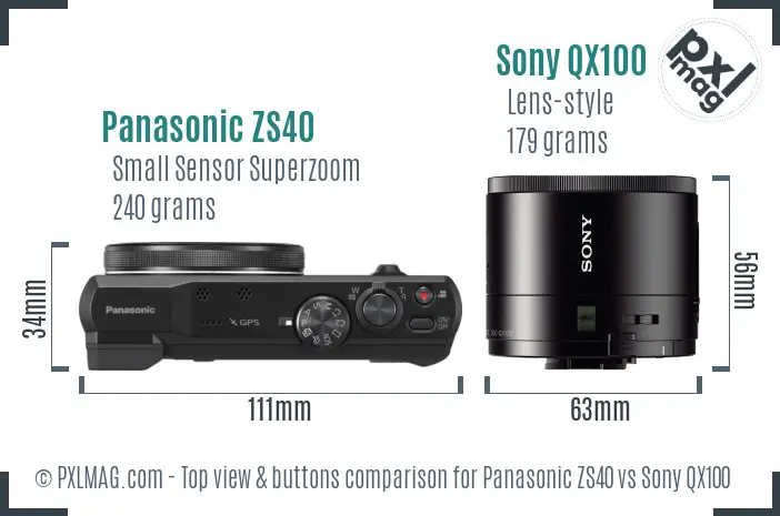 Panasonic ZS40 vs Sony QX100 top view buttons comparison