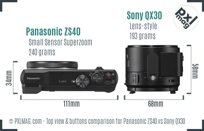 Panasonic ZS40 vs Sony QX30 top view buttons comparison