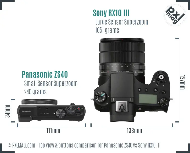 Panasonic ZS40 vs Sony RX10 III top view buttons comparison