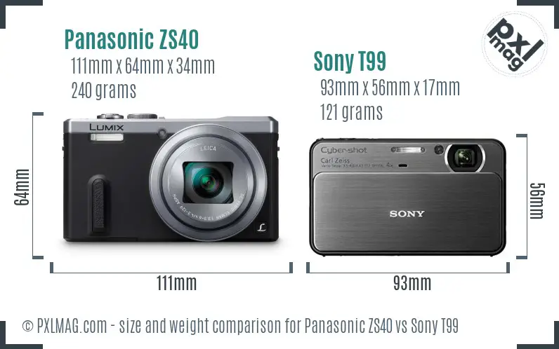 Panasonic ZS40 vs Sony T99 size comparison