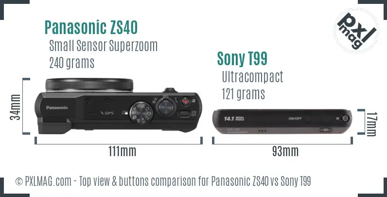 Panasonic ZS40 vs Sony T99 top view buttons comparison