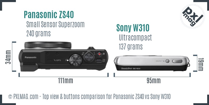 Panasonic ZS40 vs Sony W310 top view buttons comparison