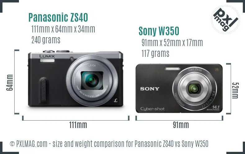 Panasonic ZS40 vs Sony W350 size comparison