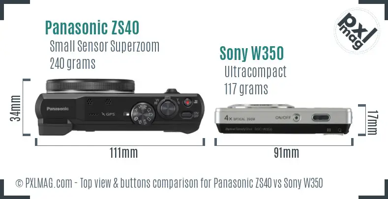 Panasonic ZS40 vs Sony W350 top view buttons comparison