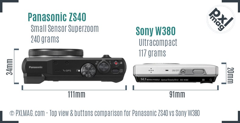 Panasonic ZS40 vs Sony W380 top view buttons comparison