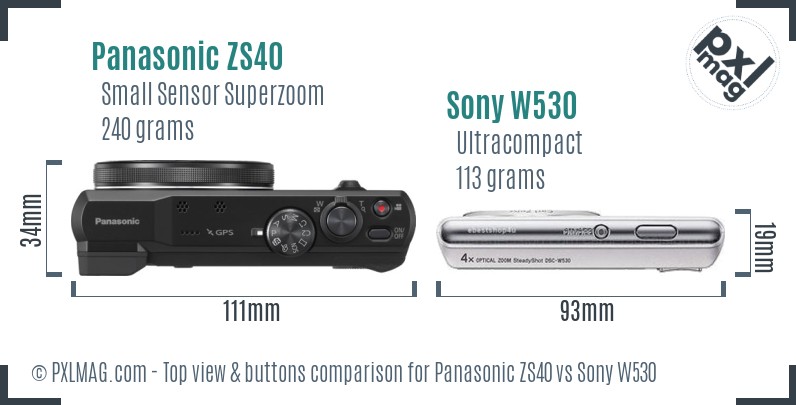 Panasonic ZS40 vs Sony W530 top view buttons comparison
