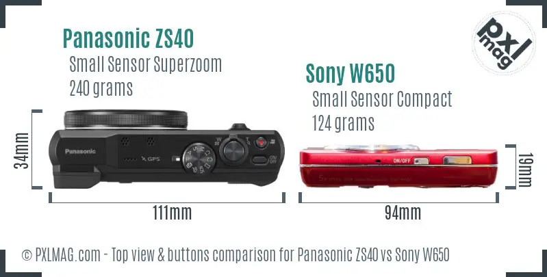 Panasonic ZS40 vs Sony W650 top view buttons comparison