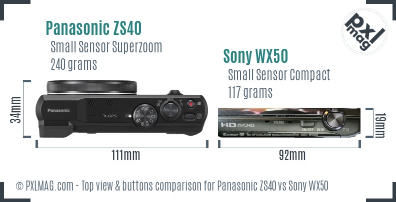 Panasonic ZS40 vs Sony WX50 top view buttons comparison