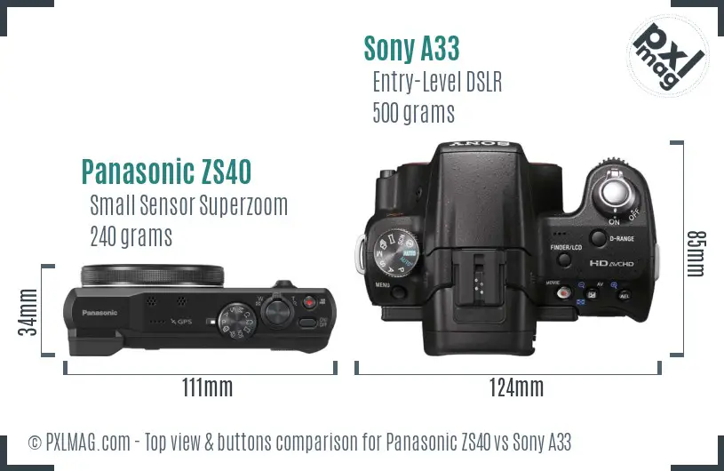 Panasonic ZS40 vs Sony A33 top view buttons comparison Panasonic ZS40 vs Sony A33 top view buttons comparison