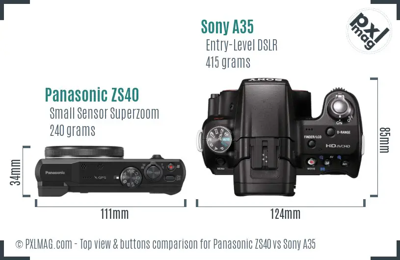 Panasonic ZS40 vs Sony A35 top view buttons comparison Panasonic ZS40 vs Sony A35 top view buttons comparison