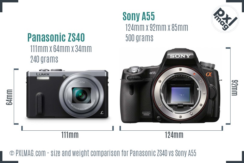 Panasonic ZS40 vs Sony A55 size comparison