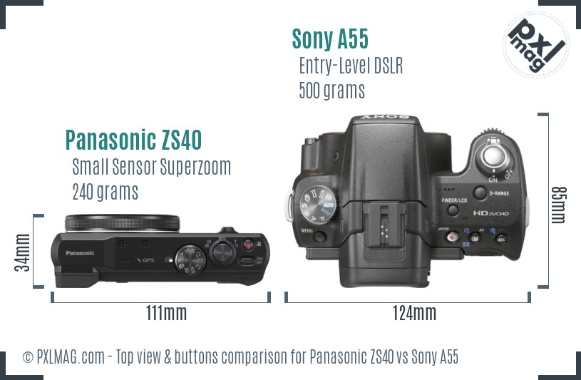 Panasonic ZS40 vs Sony A55 top view buttons comparison