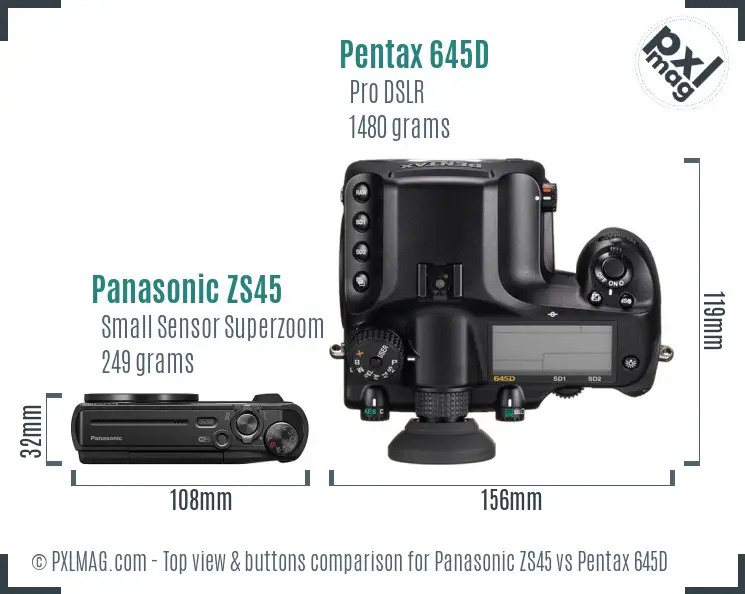 Panasonic ZS45 vs Pentax 645D top view buttons comparison