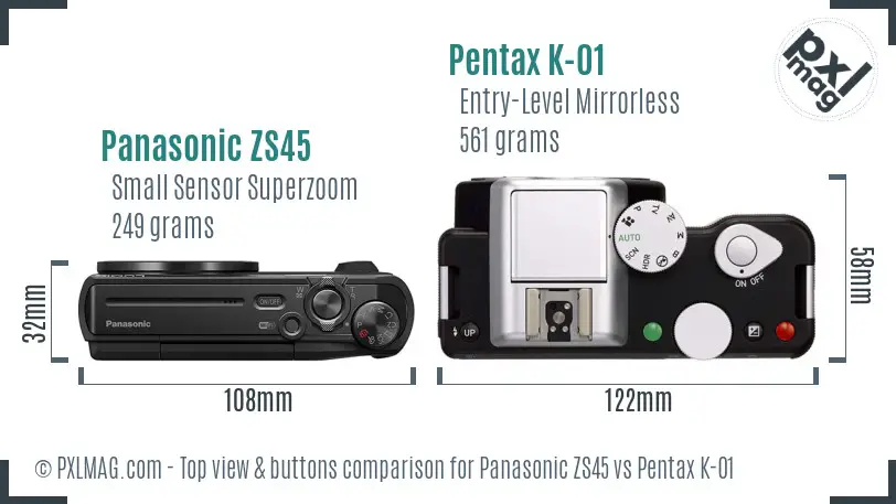 Panasonic ZS45 vs Pentax K-01 top view buttons comparison