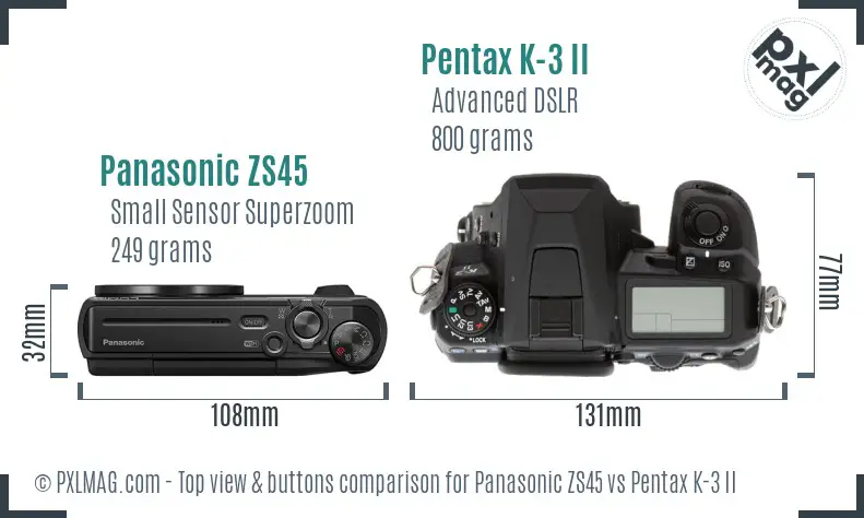 Panasonic ZS45 vs Pentax K-3 II top view buttons comparison