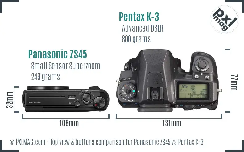 Panasonic ZS45 vs Pentax K-3 top view buttons comparison