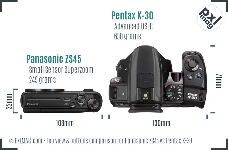 Panasonic ZS45 vs Pentax K-30 top view buttons comparison