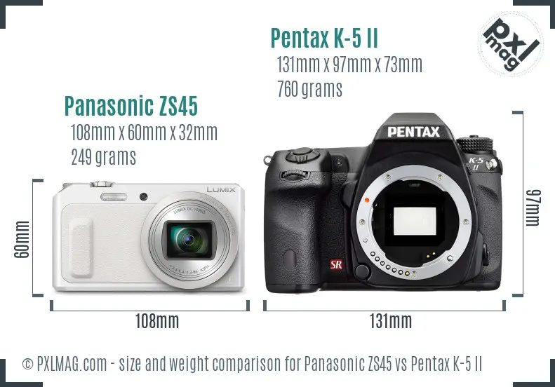 Panasonic ZS45 vs Pentax K-5 II size comparison