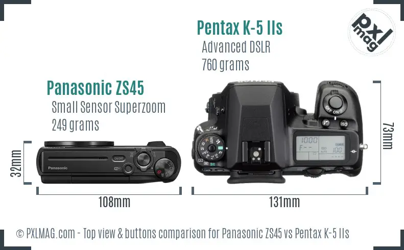 Panasonic ZS45 vs Pentax K-5 IIs top view buttons comparison