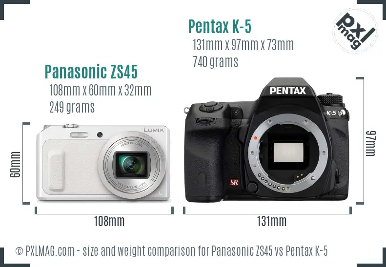 Panasonic ZS45 vs Pentax K-5 size comparison