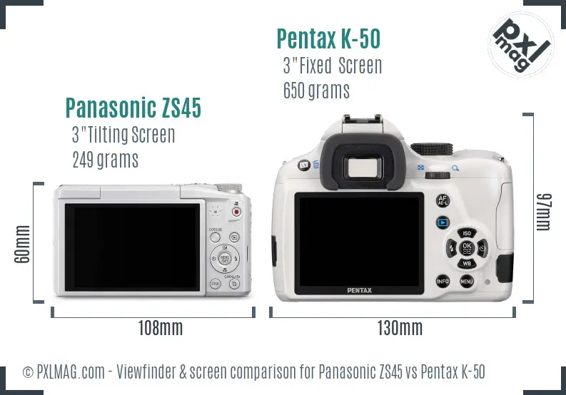 Panasonic ZS45 vs Pentax K-50 Screen and Viewfinder comparison