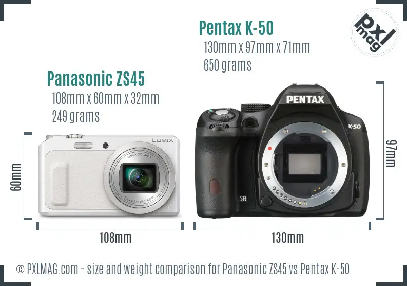 Panasonic ZS45 vs Pentax K-50 size comparison