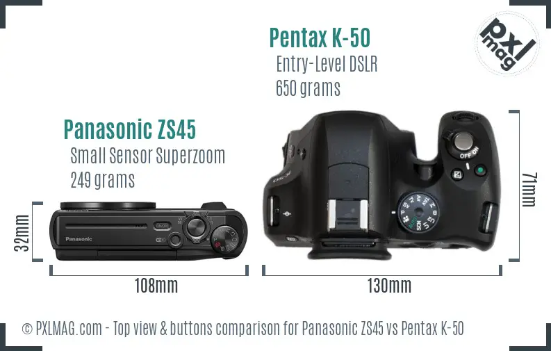Panasonic ZS45 vs Pentax K-50 top view buttons comparison