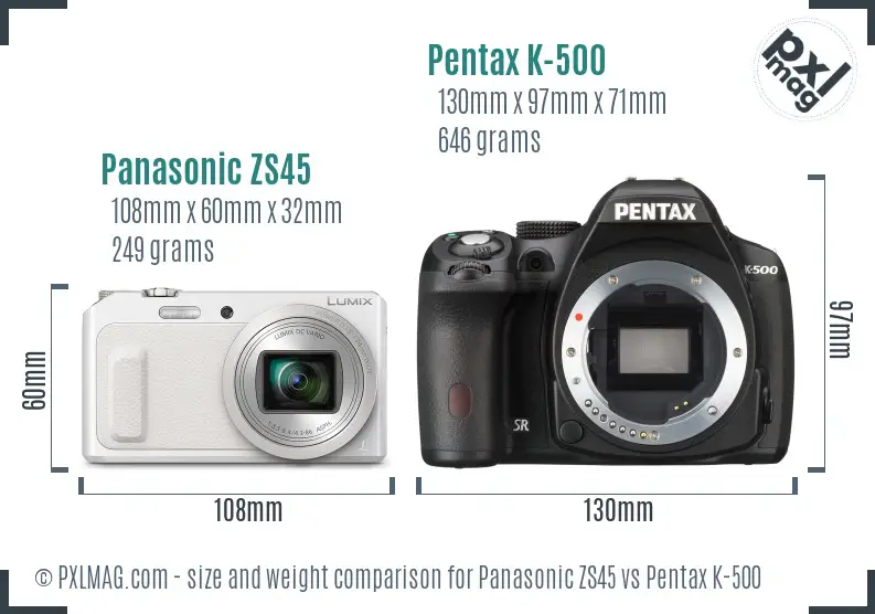 Panasonic ZS45 vs Pentax K-500 size comparison