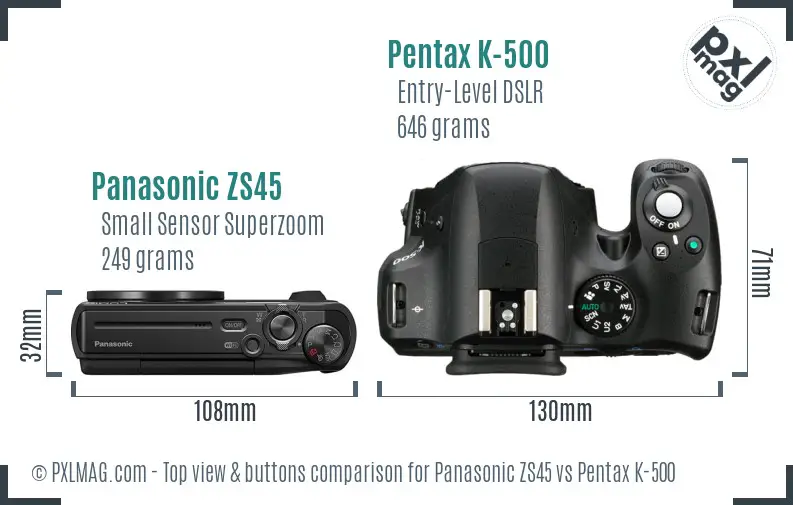 Panasonic ZS45 vs Pentax K-500 top view buttons comparison