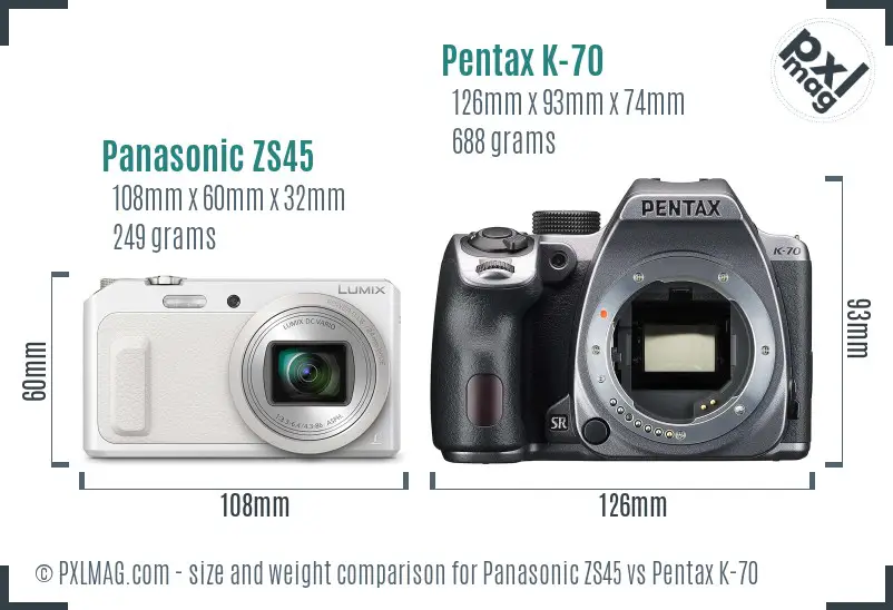 Panasonic ZS45 vs Pentax K-70 size comparison