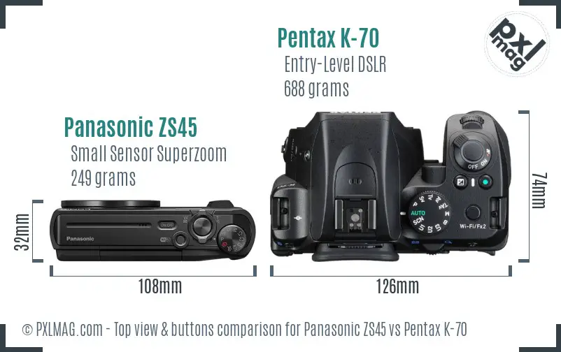 Panasonic ZS45 vs Pentax K-70 top view buttons comparison