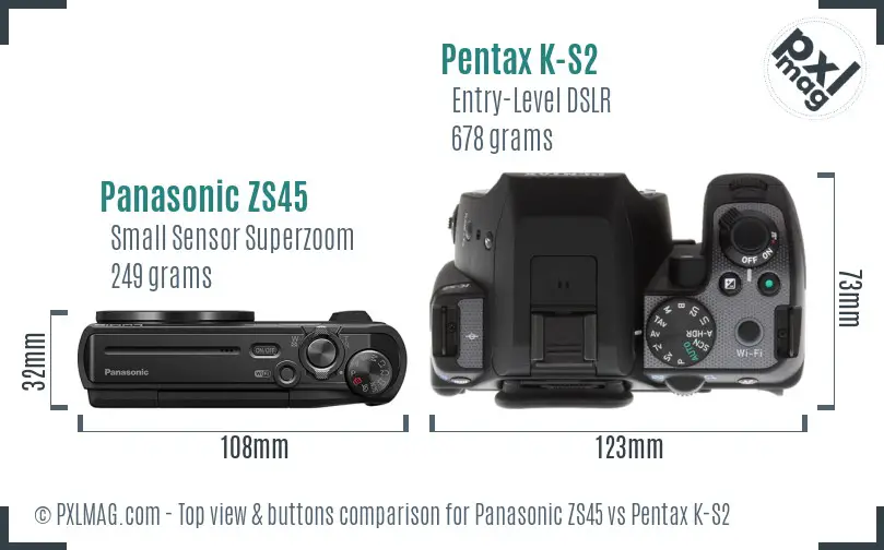 Panasonic ZS45 vs Pentax K-S2 top view buttons comparison