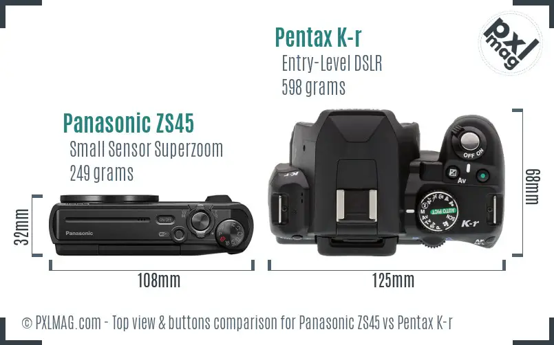Panasonic ZS45 vs Pentax K-r top view buttons comparison