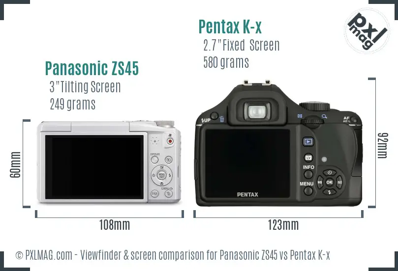 Panasonic ZS45 vs Pentax K-x Screen and Viewfinder comparison