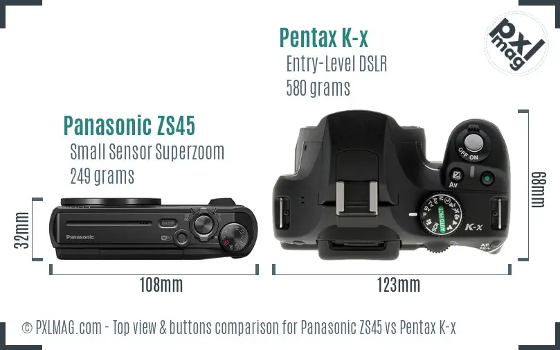 Panasonic ZS45 vs Pentax K-x top view buttons comparison